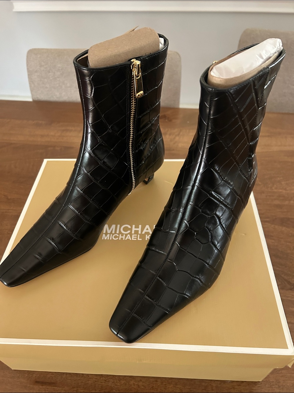 MICHAEL Michael Kors Black Croc-Embossed Pointed Ankle Boots